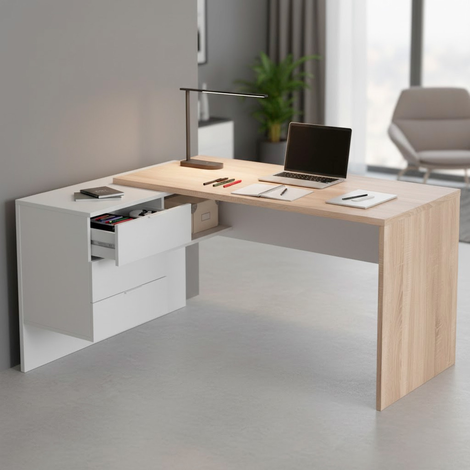Scrivania Ufficio Studio Reversibile Con Cassettiera A 3 Cassetti Tavolo Da Lavoro Moderno Design Salvaspazio 145 x 108 x 73 Cm Rovere E Bianco Opaco