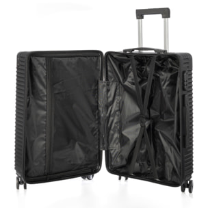 DAM Juego de 3 maletas Trolley, en material ligero ABS de alta resistencia con esquinas reforzadas. Cerradura numérica y 4 ruedas dobles extraíbles y giratorias 360°. 54x32x80 Cm. Color: Negro