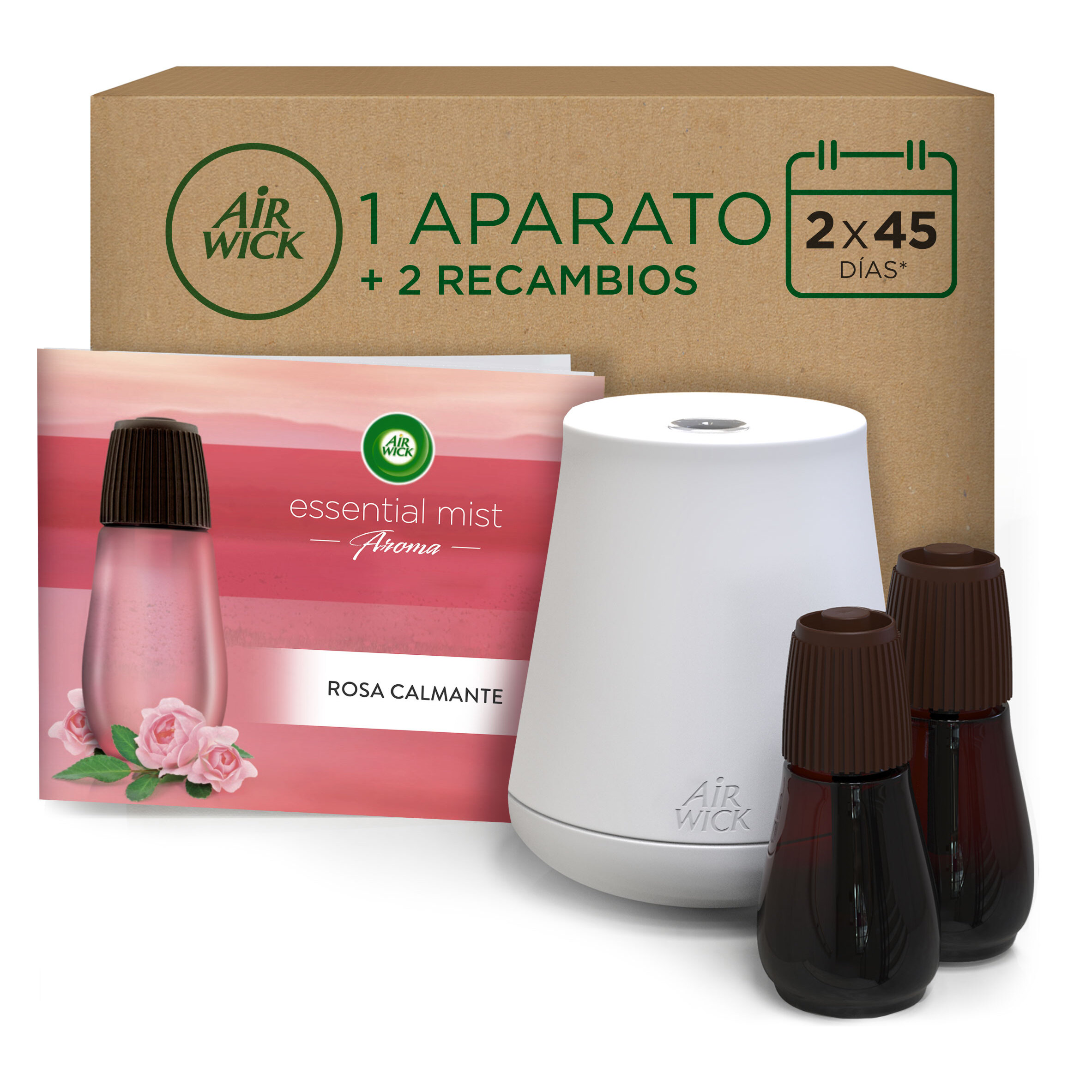 Air Wick Essential Mist - Aparato y recambios de ambientador difusor, esencia para casa con Aroma a Rosa Calmante - pack de 1 aparato y 2 recambios (2 * 45 Días)