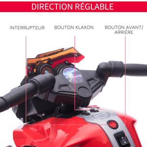 Moto électrique enfant 6 V 3 Km/h effet lumineux et sonore roulettes amovibles repose-pied valises latérales métal PP rouge noir