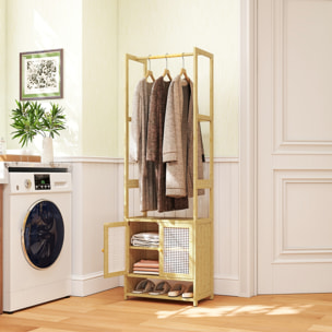 Perchero con Armario, Perchero para Ropa de Bambú, con Zapatero, Barra para Colgar, Estante Ajustable, para Entrada, Pasillo, Dormitorio, 53x31x168 cm, Natural