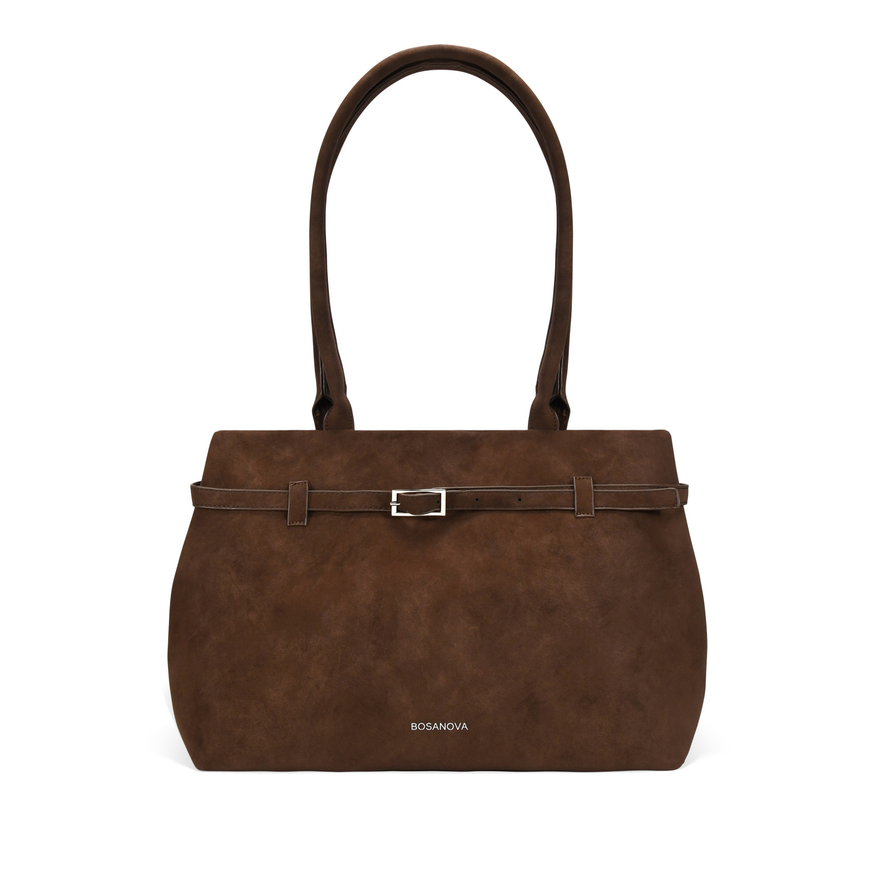 Bolso de hombro marrón con cinturón y hebilla