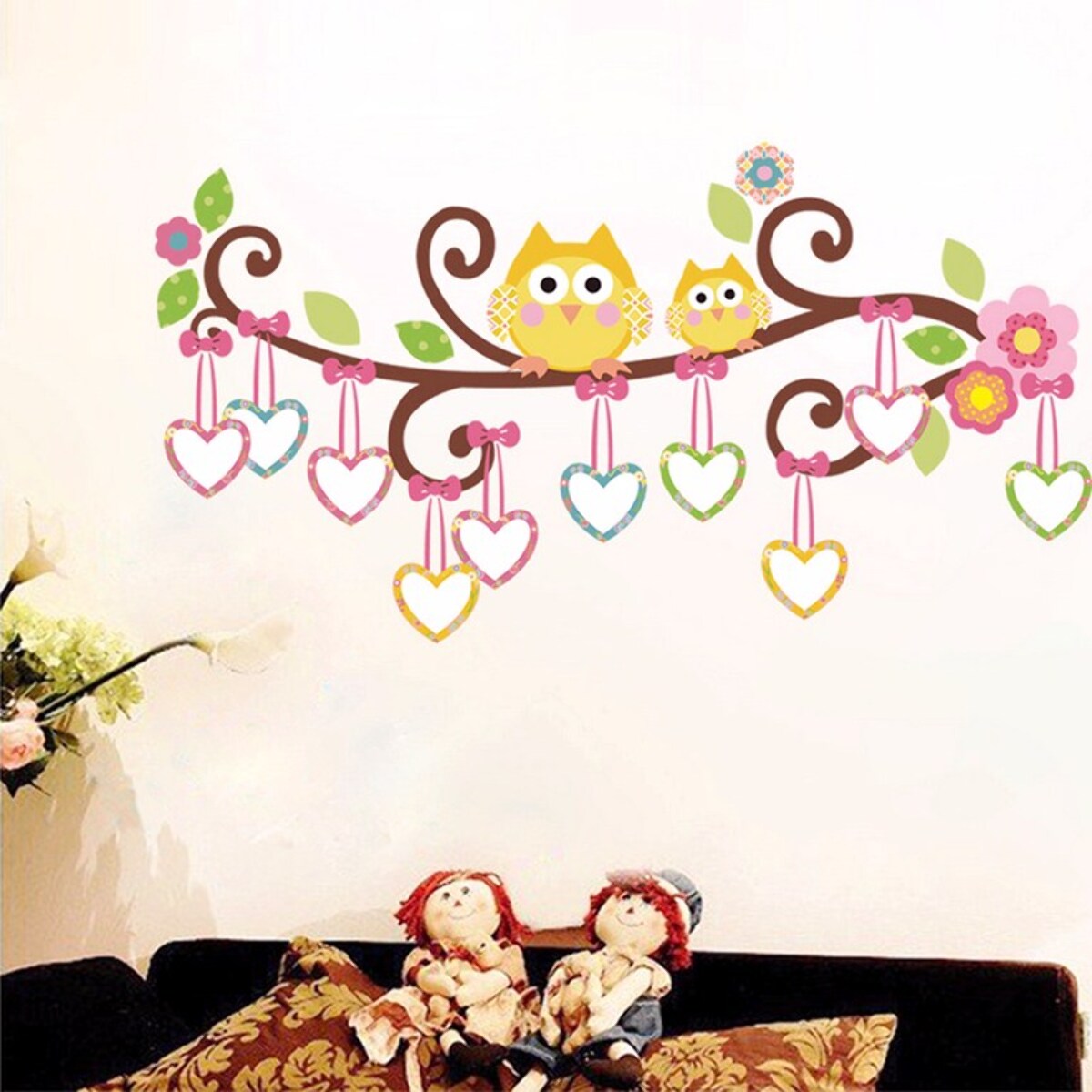 Stickers Muraux décoration adhésifs hiboux et cœurs sur un arbre