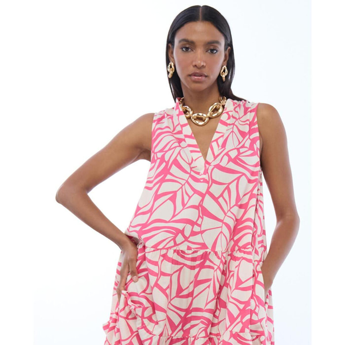 Abito voluminoso con scollo a V e stampa a foglie