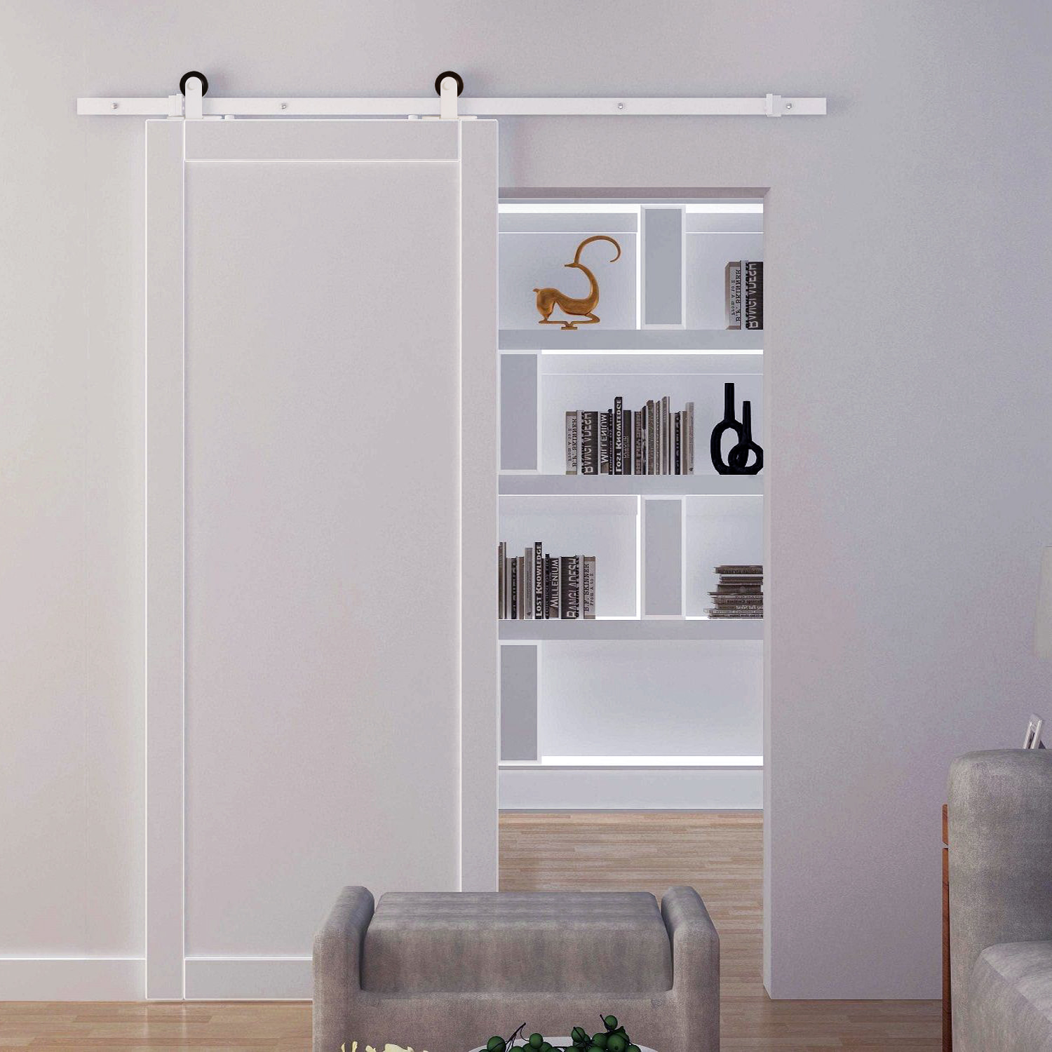 183 cm Herraje para Puerta Corredera Kit de Accesorios para Puerta Corrediza de Madera con Guía de Suelo Riel de Acero al Carbono Blanco