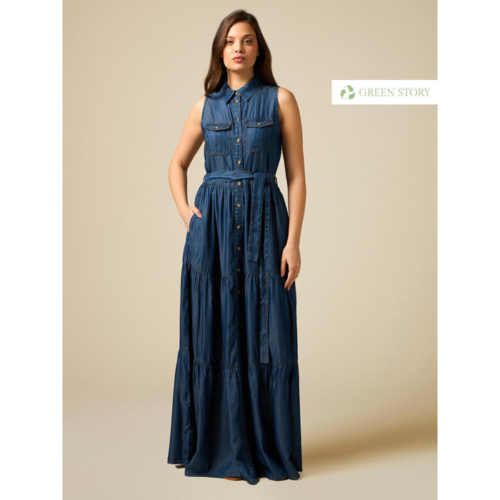 Oltre - Vestido camisero sin mangas de tencel - Azul