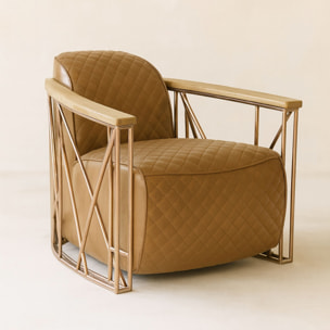Fauteuil cuir noisette matelassé et structure inox cuivré ENNIO