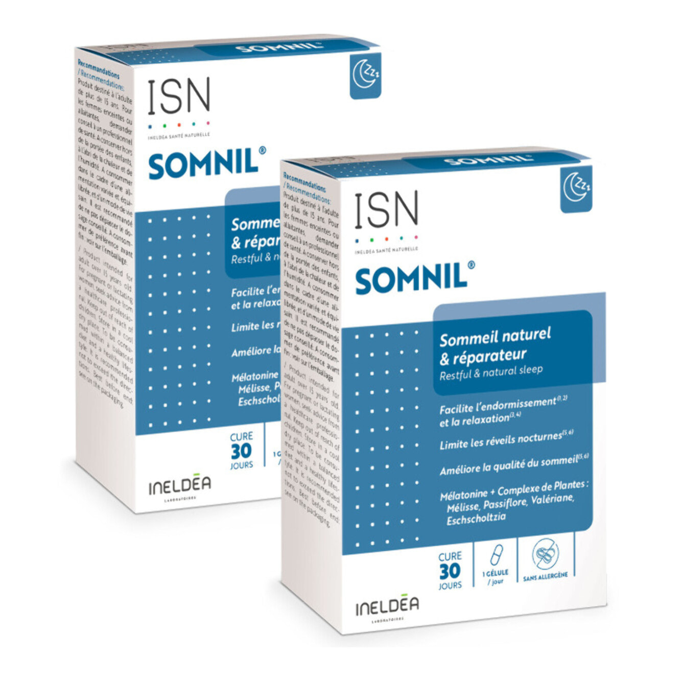 ISN - Somnil - Complément alimentaire - Mélatonine, plantes, vit.B6, Tryptophane - Facilite l'endormissement- Améliore le sommeil - Sans dépendance ni accoutumance - Lot de 2 produits