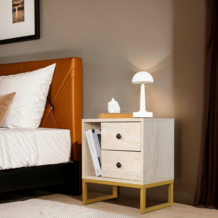 Comodino Rhiannon, Comò basso, Tavolino da notte, Mensola da letto, 45x30 h50 cm, Beige e Oro