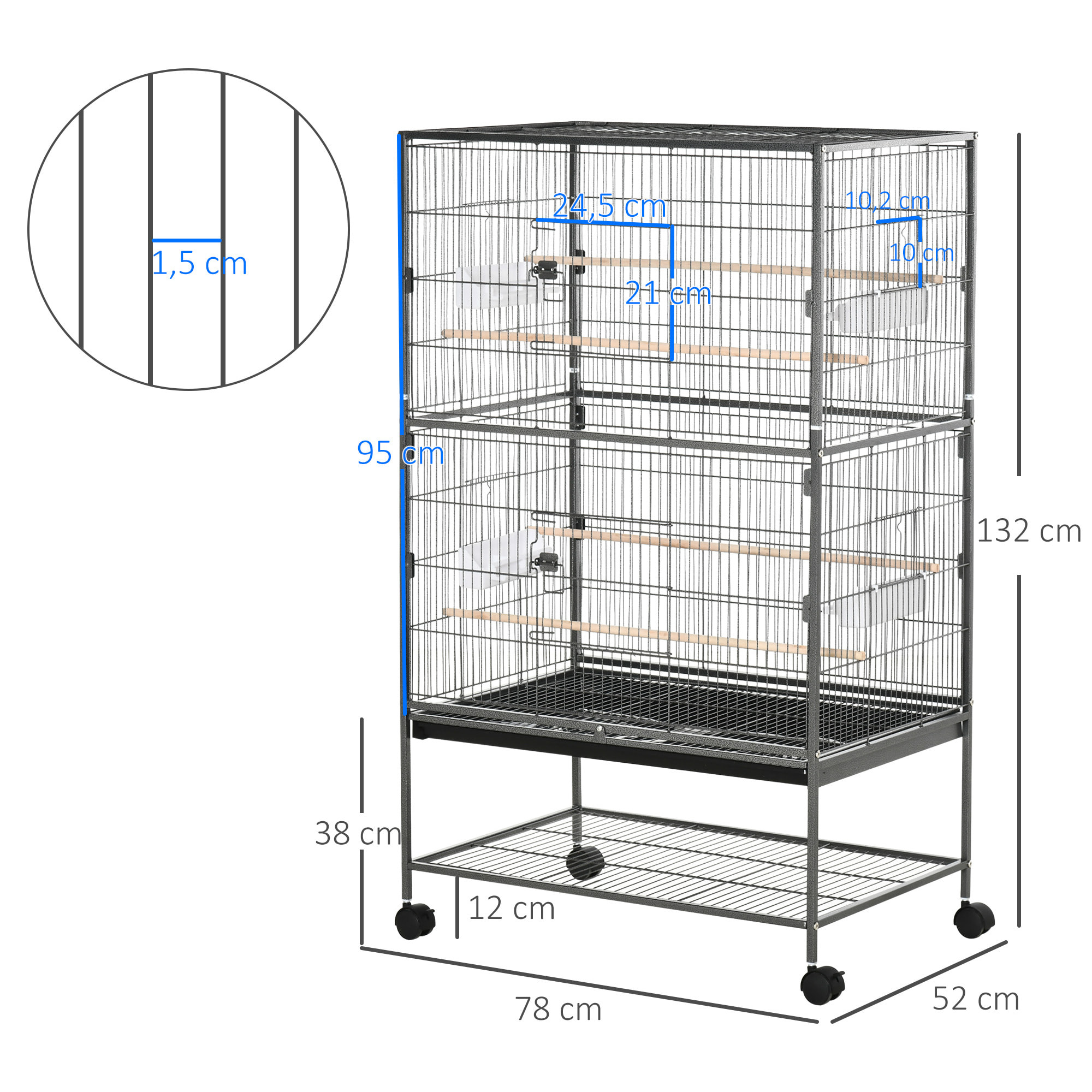 Jaula para Pájaros con Ruedas Pajarera Metálica con Bandeja Extraíble 4 Puertas 4 Comederos 4 Perchas y Estante de Almacenaje Jaula para Canarios Periquitos 78x52x132 cm Gris Oscuro