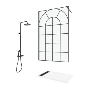 Paroi de Douche 120x195 Motif Verrière + Receveur Blanc 80x120 + Colonne de Douche Noire Mécanique