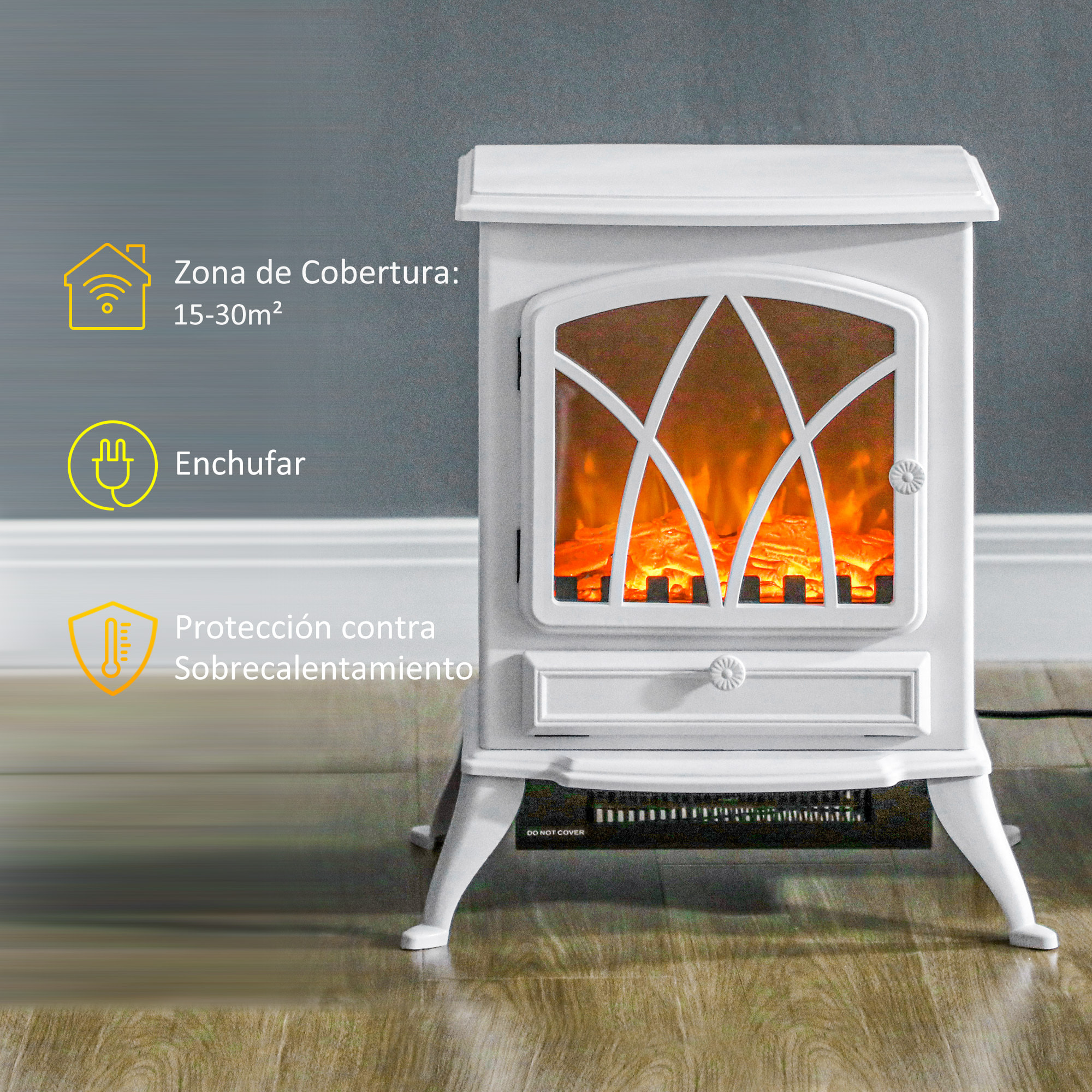 Chimenea Eléctrica 1000W/2000W Chimenea Decorativa con Ventana Efecto de Llama Brillo Ajustable y Protección Sobrecalentamiento para 15-30 ãŽ¡ 45x28,5x54 cm Blanco