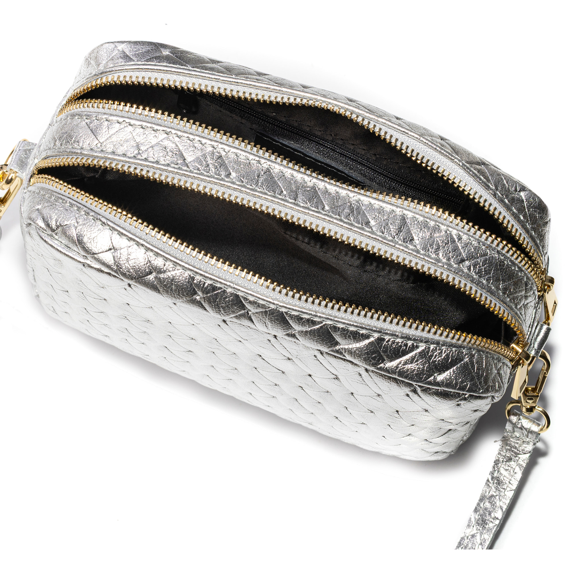 Degna bolso bandolera mujer. Piel auténtica Gamuza con grabado entrelazado y lacada brillante.