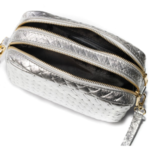 Degna bolso bandolera mujer. Piel auténtica Gamuza con grabado entrelazado y lacada brillante.