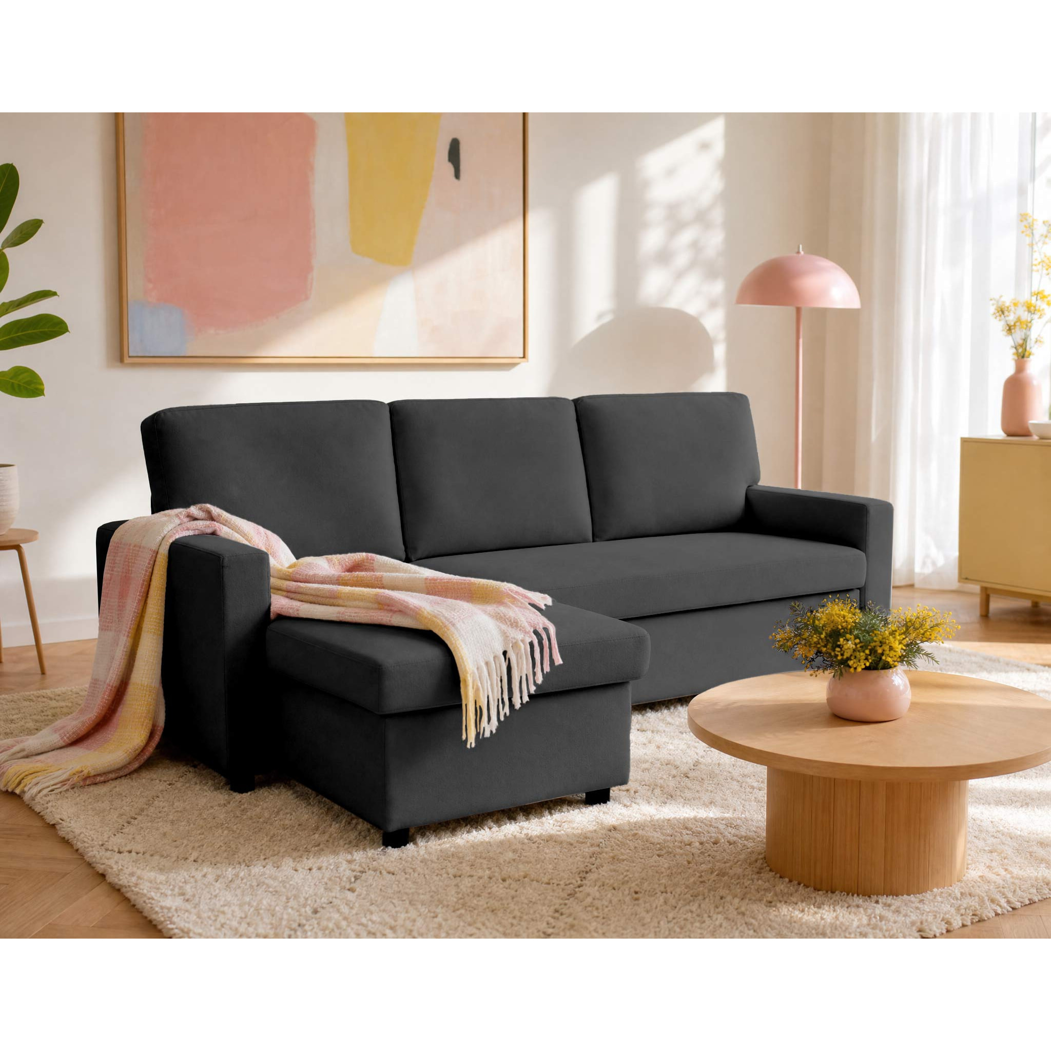 Meiya - canapé d'angle réversible 4 places convertible avec coffre en tissu - Gris foncé