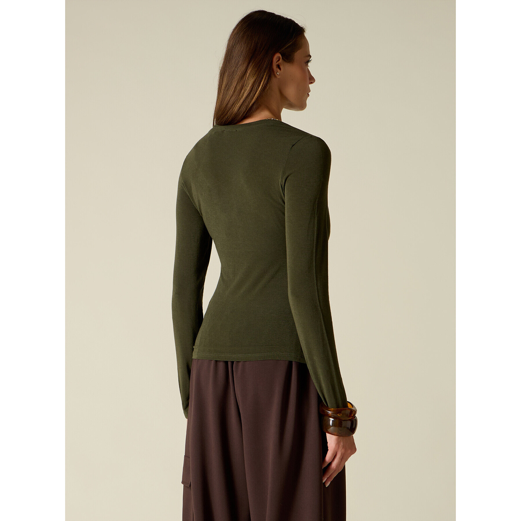 Oltre - T-shirt scollo a V misto cashmere - Verde militare