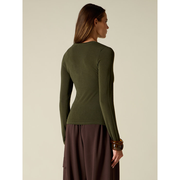 Oltre - T-shirt scollo a V misto cashmere - Verde militare