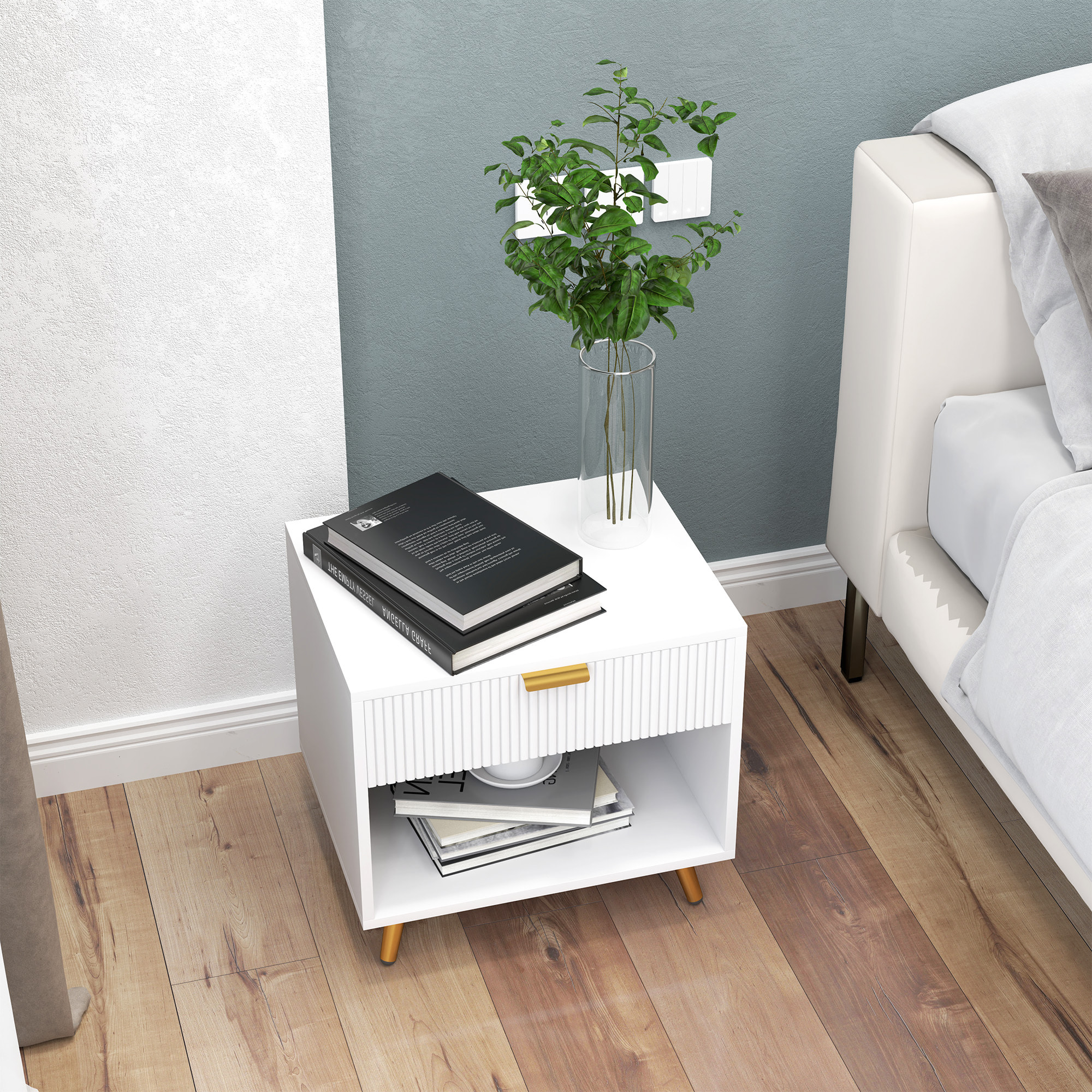 Mesita de Noche Moderna Mesilla de Noche con Cajón Mango Dorado y Compartimento Abierto Mesa Auxiliar para Dormitorio Salón 50x40x47 cm Blanco