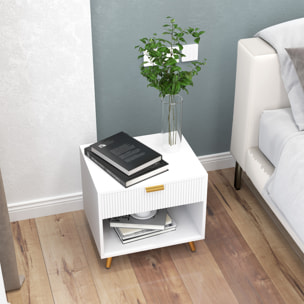 Mesita de Noche Moderna Mesilla de Noche con Cajón Mango Dorado y Compartimento Abierto Mesa Auxiliar para Dormitorio Salón 50x40x47 cm Blanco