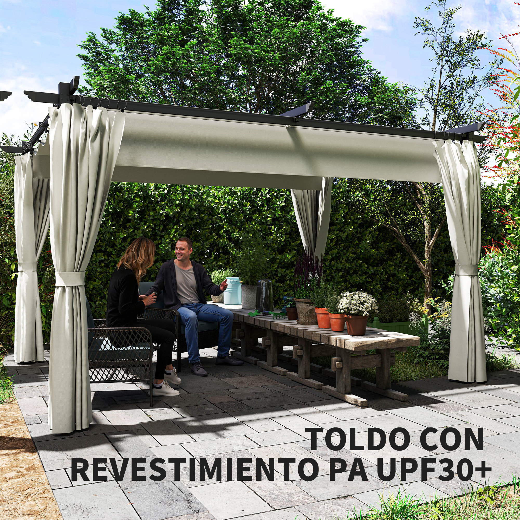Pérgola con Techo Retráctil 4x3 m Pérgola de Aluminio con Paredes Laterales Cenador con Tela de Poliéster Anti-UV Resistente al Agua Pabellón para Jardín Patio Terraza Crema