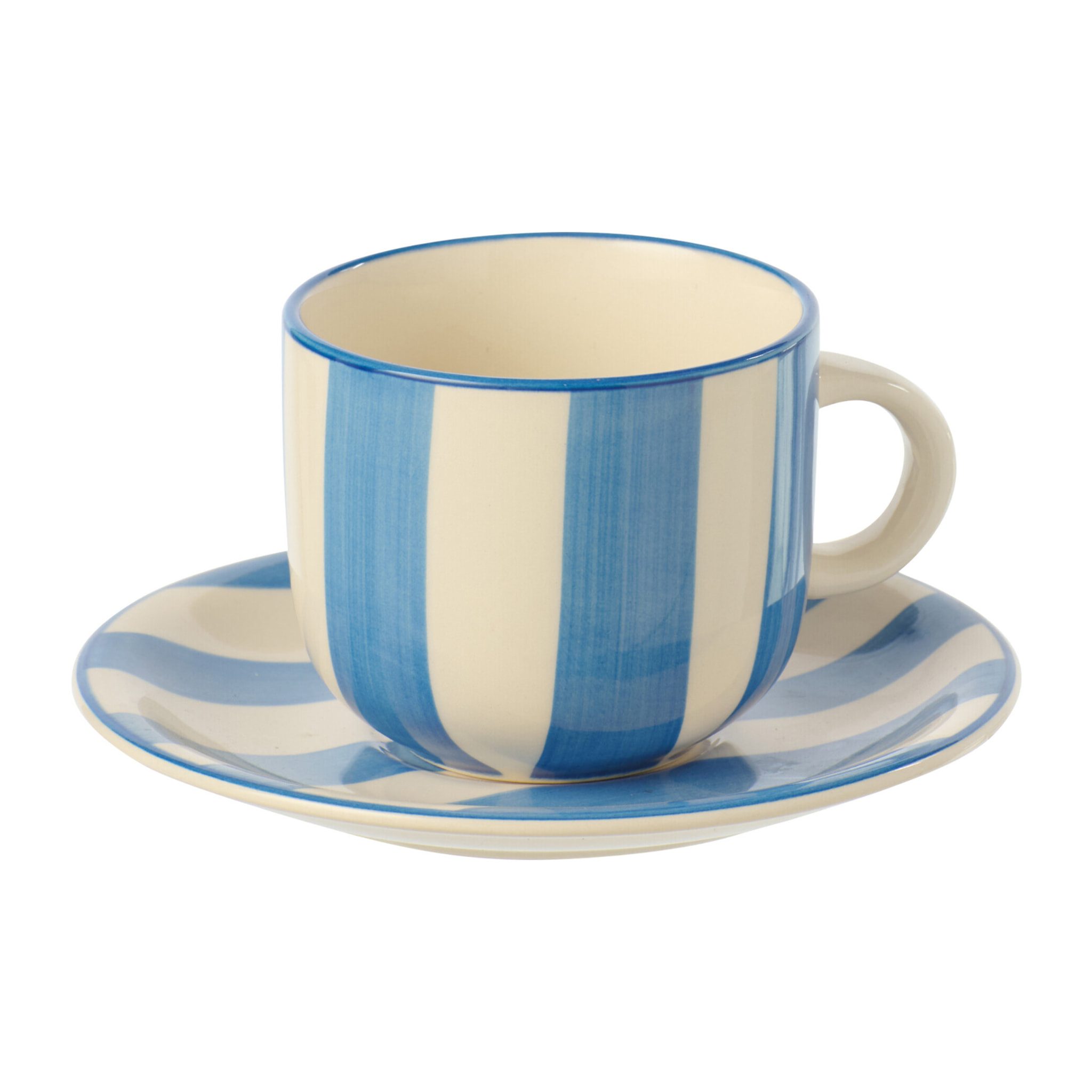 J-Line Tasse + Sous-tasse Ligné - céramique - bleu/blanc - 6 pièces