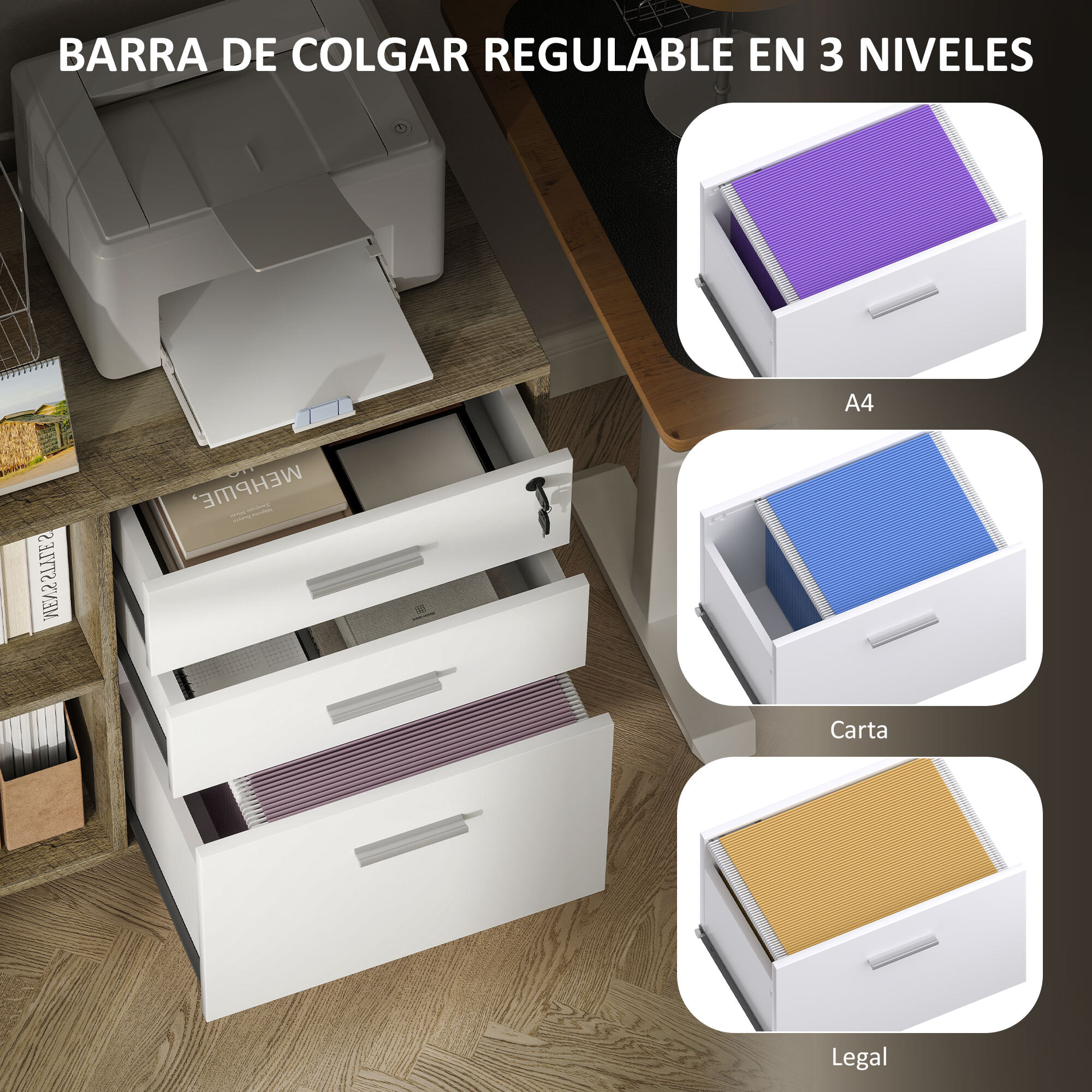 Cajonera de Oficina con Ruedas Mueble Archivador con 3 Cajones Cajonera para Escritorio con Estación de Carga Cerradura y Estantes 100x40x65,5 cm Marrón Grisáceo