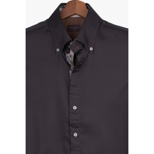 Camicia Uomo 2 Bottoni Button Down Slim Satin Unito Grigio Scuro