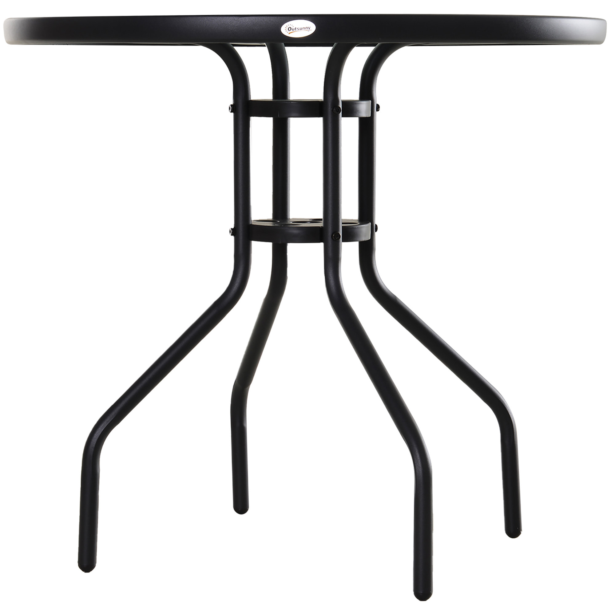 Mesa de Jardín Redonda Mesa Comedor de Cristal Templado con Agujero para Sombrilla y Estructura Metálica para Patio Terraza Balcón Exterior Ø80x72 cm Negro