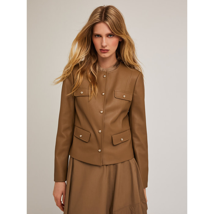 Motivi - Giacca senza colletto in tessuto spalmato - Beige