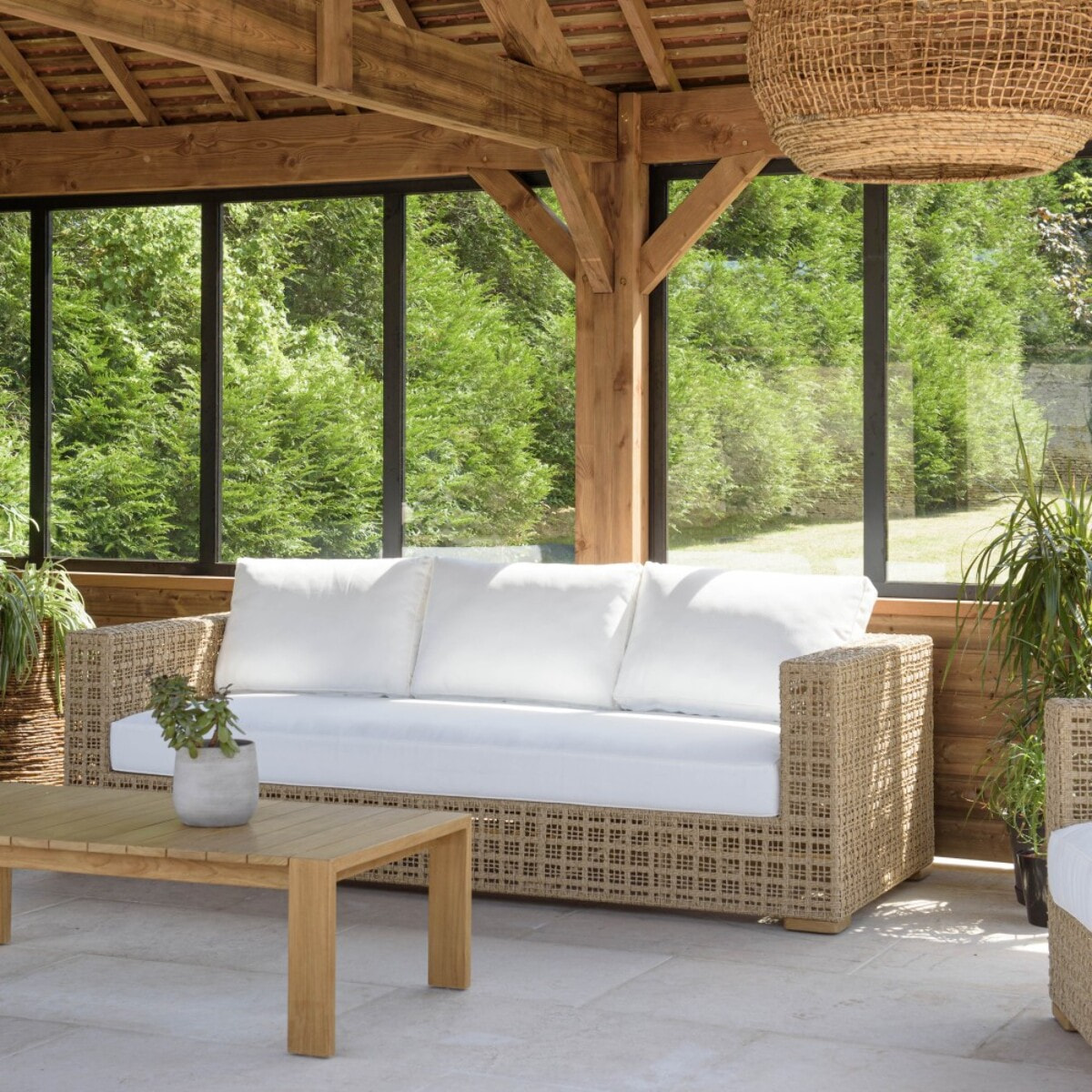 VALERIA - Salon de jardin 6 places en rotin synthétique ajouré beige