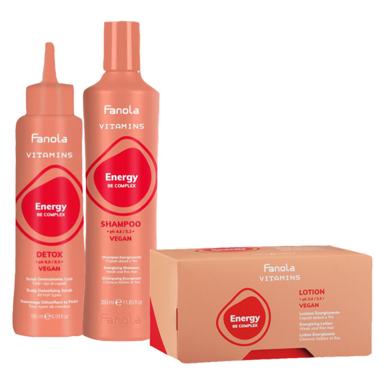 FANOLA Kit Vitamins Energy Vegan Scrub 195ml + Shampoo 350ml + Lotion 12x10ml