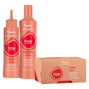 FANOLA Kit Vitamins Energy Vegan Scrub 195ml + Shampoo 350ml + Lotion 12x10ml