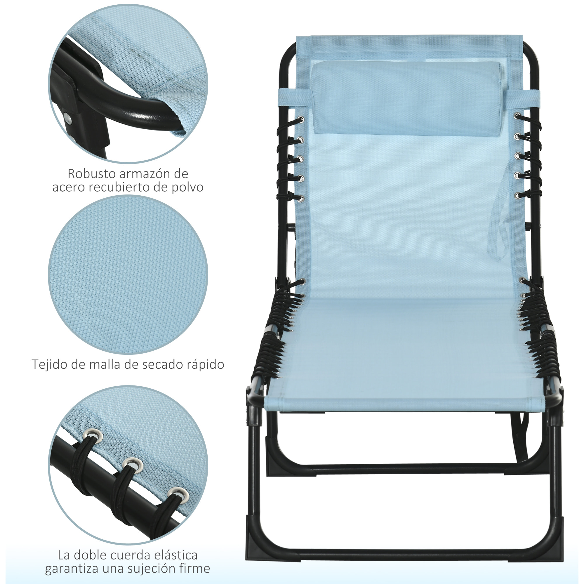 Tumbona Plegable, Tumbona Jardín Exterior Reclinable 4 Posiciones con Reposacabezas y Marco de Acero, Carga 120 kg, para Terraza, Piscina, Playa, 189x58x30 cm, Verde Azulado