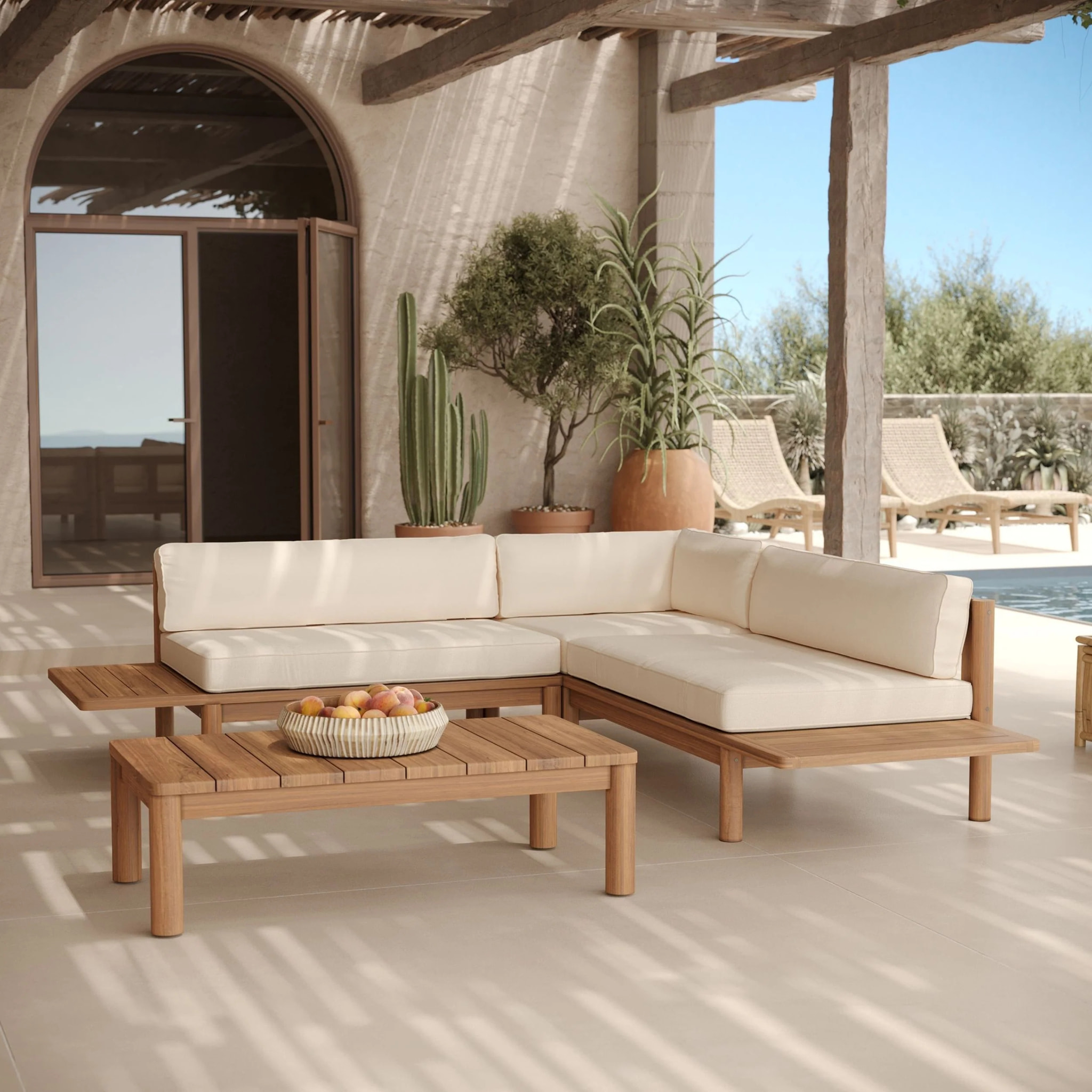 Salon de jardin 4 personnes en teck massif et tissu blanc - Nadila