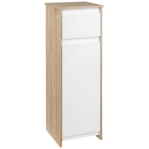 Meuble colonne bas salle de bain style cosy dim. 32L x 30l x 90H cm porte étagère tiroir MDF blanc aspect chêne clair