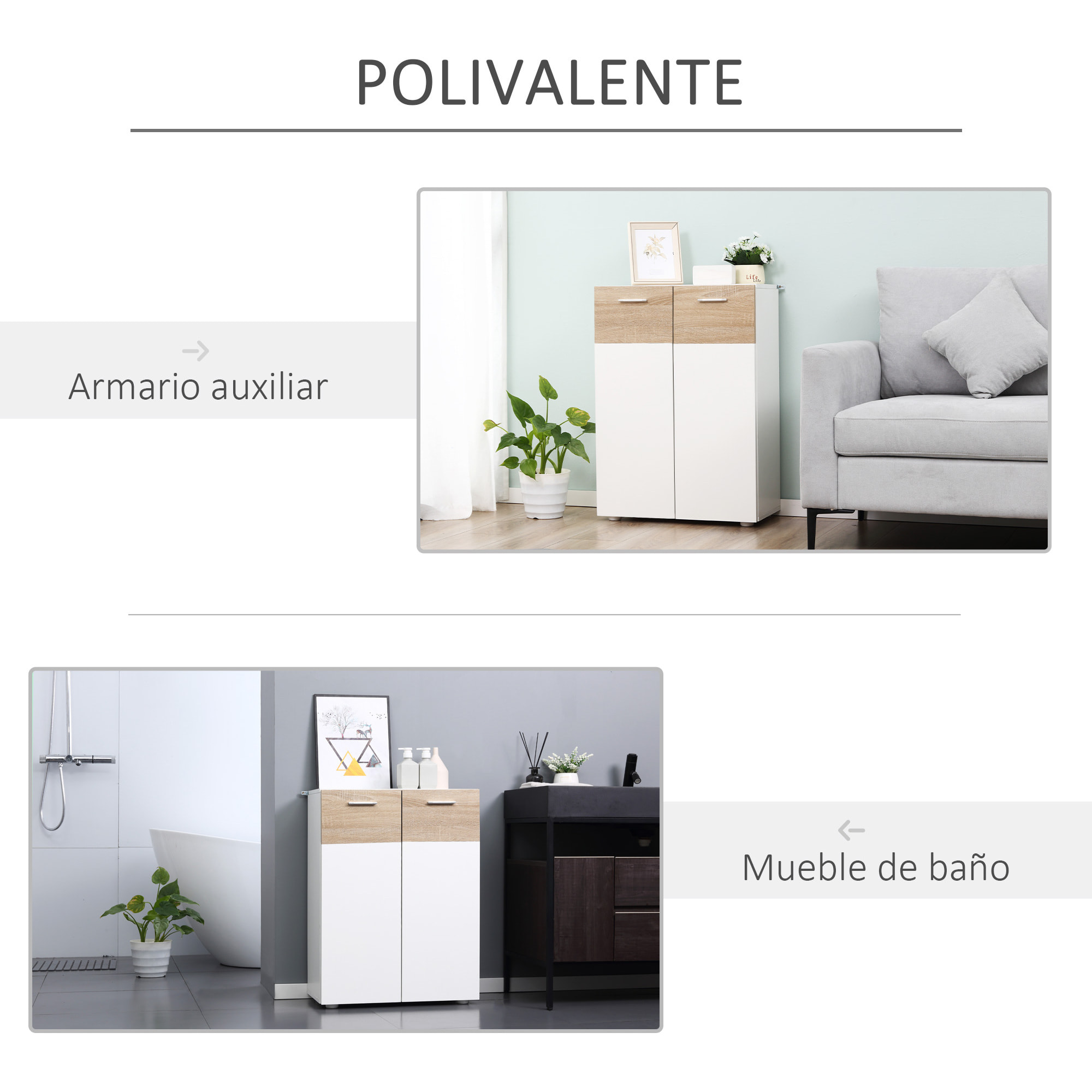 kleankin Armario de Suelo para Baño con 2 Puertas y Estantes Interiores Ajustables Mueble Auxiliar de Madera Multiusos para Salón Cocina Comedor 60x30x85 cm Blanco