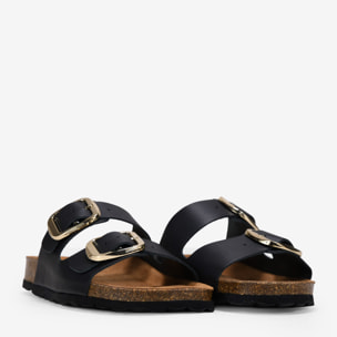 Sandalias planas negras en piel con doble hebilla