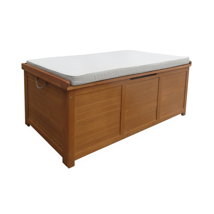 Coffre de jardin 200L en bois - Caja beige - 125x60cm rangement coussins avec 2 vérins et poignées