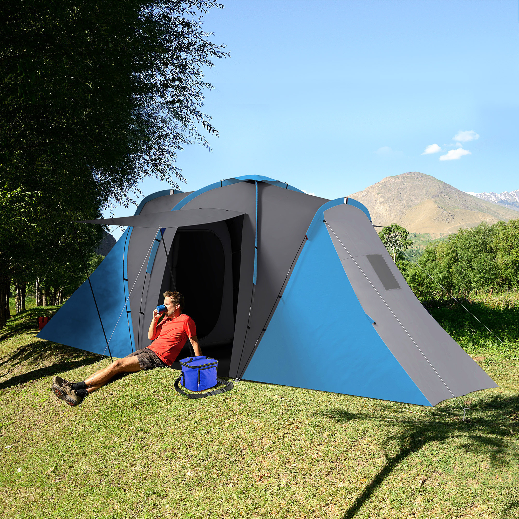 Tienda de Campaña Familiar tipo Túnel para de 4-6 Personas Impermeable 2000 mm Tienda de Camping Plegable con 2 Dormitorios Bolsa para Senderismo 555x225x190 cm Gris y Azul