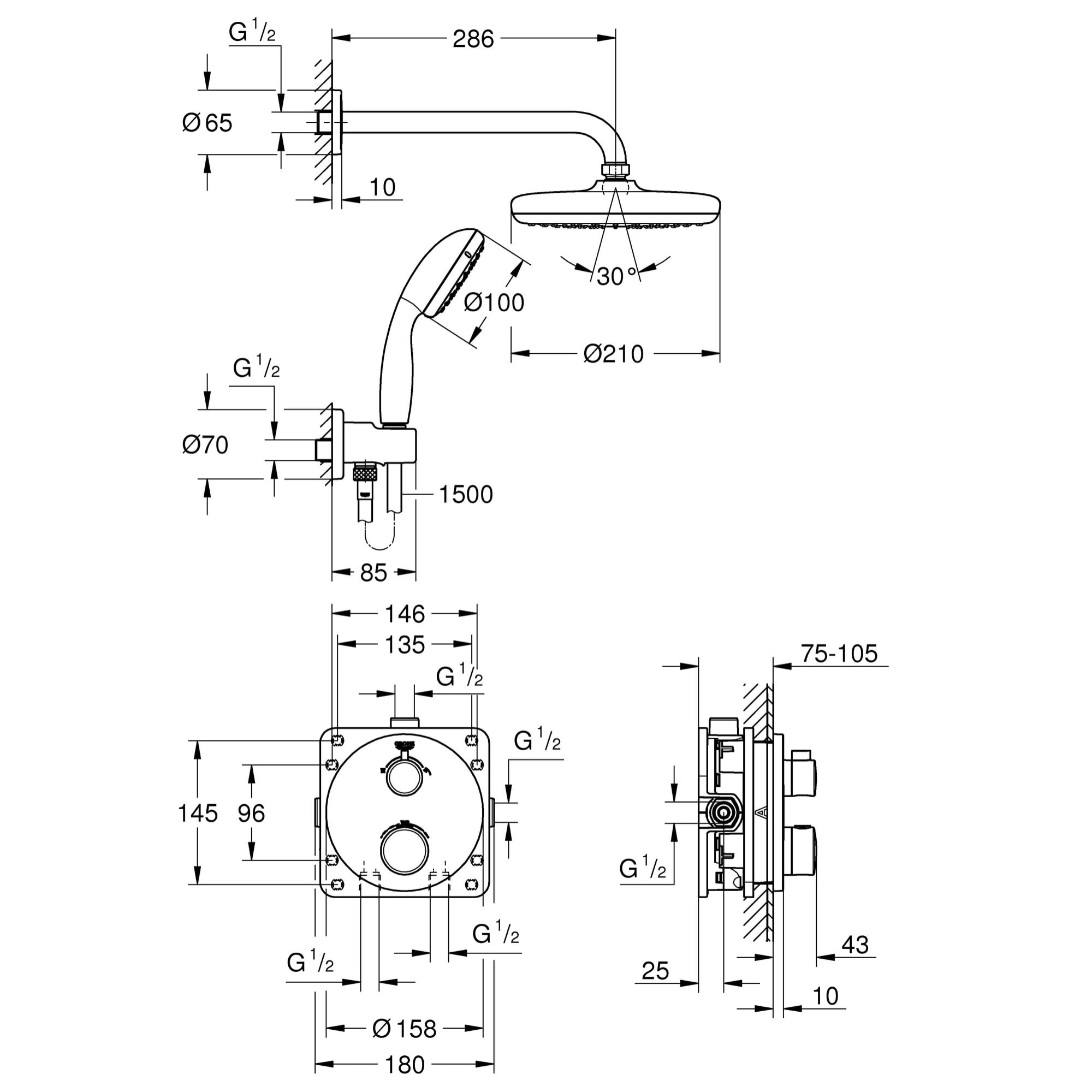 GROHE Precision Trend Pack encastré douche de tête ronde 1 jet Ø 21 cm + douchette à main 2 jets