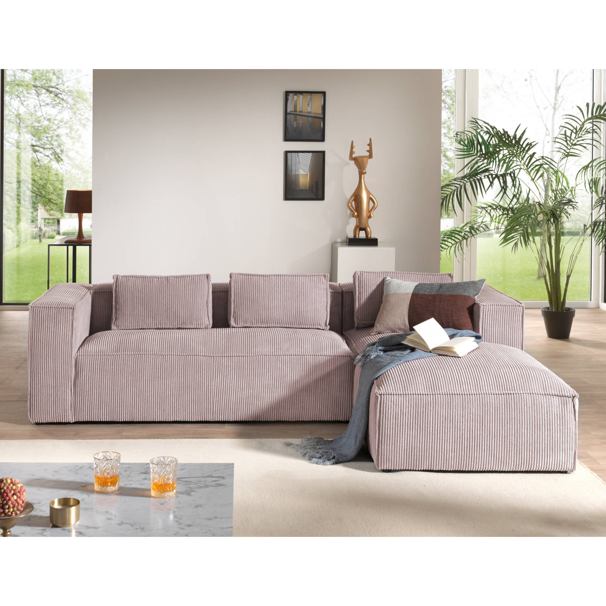 Stella - canapé d'angle droit en velours côtelé - 4 places -style contemporain - Rose