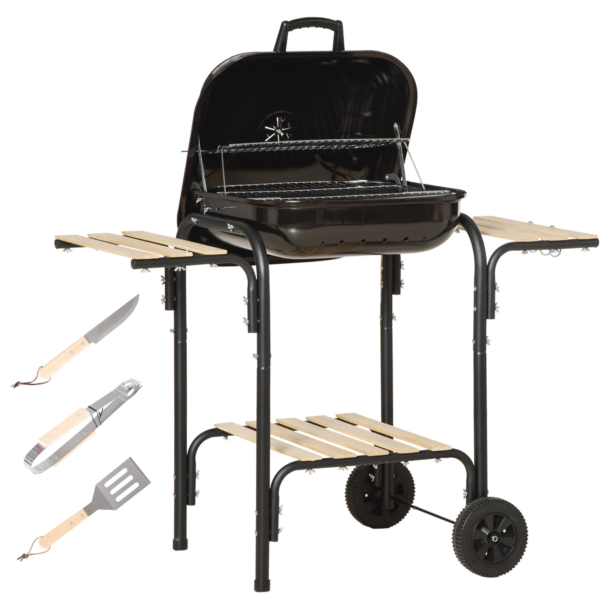 Barbecue à charbon - BBQ grill sur pied avec couvercle, roulettes - 3 étagères, 3 crochets, 3 ustensiles, 2 grilles, cuve charbon amovible - bois acier émaillé noir