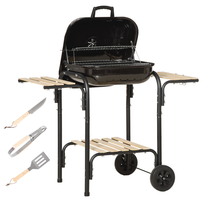 Barbecue à charbon - BBQ grill sur pied avec couvercle, roulettes - 3 étagères, 3 crochets, 3 ustensiles, 2 grilles, cuve charbon amovible - bois acier émaillé noir