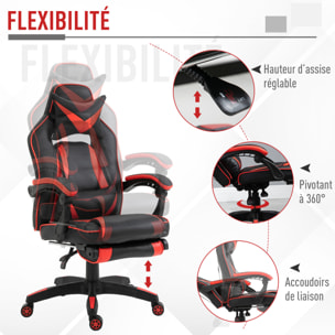 HOMCOM Fauteuil gamer grand confort fauteuil de bureau gamer pivotant inclinable avec coussins et repose-pieds revêtement synthétique noir rouge