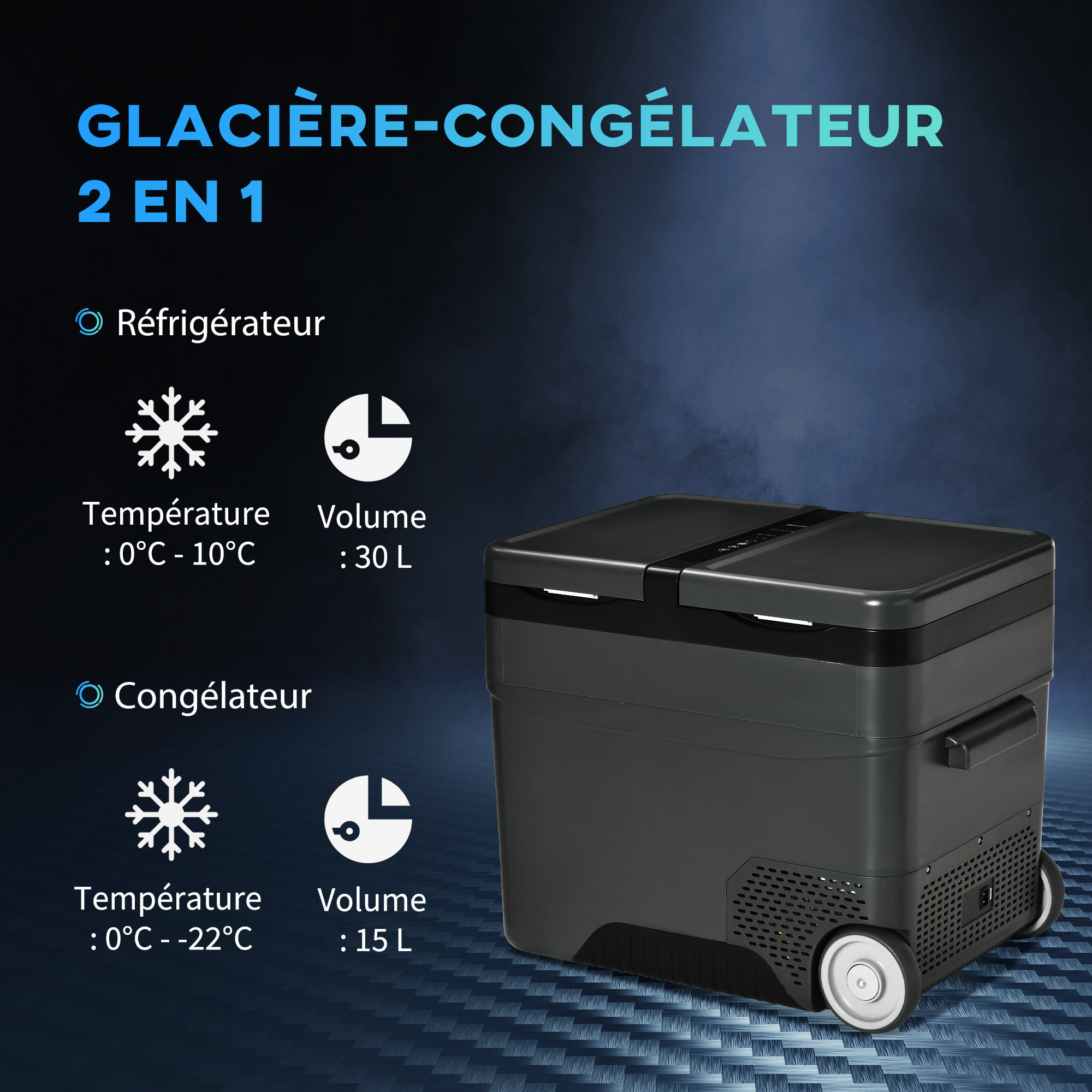 Outsunny Glacière-congélateur portable à compression 2 compartiments -22°C - 10°C 45L prise alume-cigare + adaptateur inclus gris noir