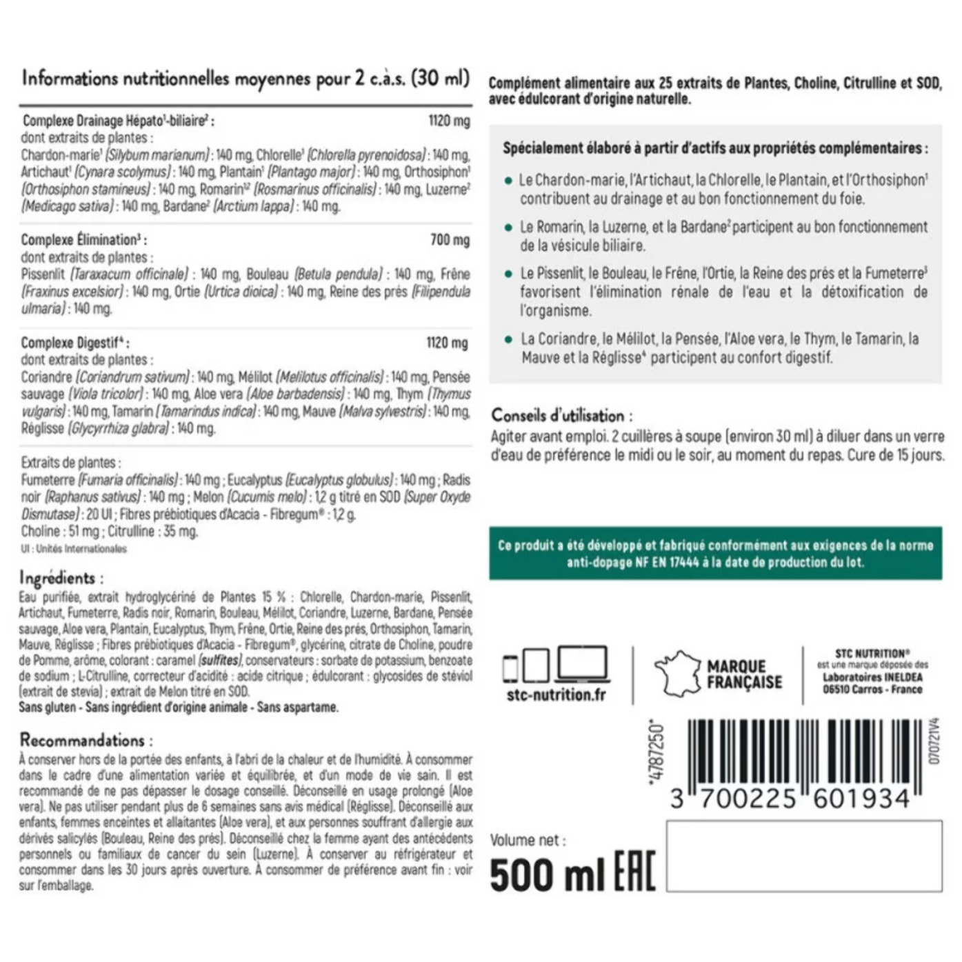 Natural Detox - Concentré à diluer à base d'extraits de plantes - Elimination des toxines - Drainage hépato-biliaire - Vegan - Cure 15j - Goût cerise - Flacon 500ml