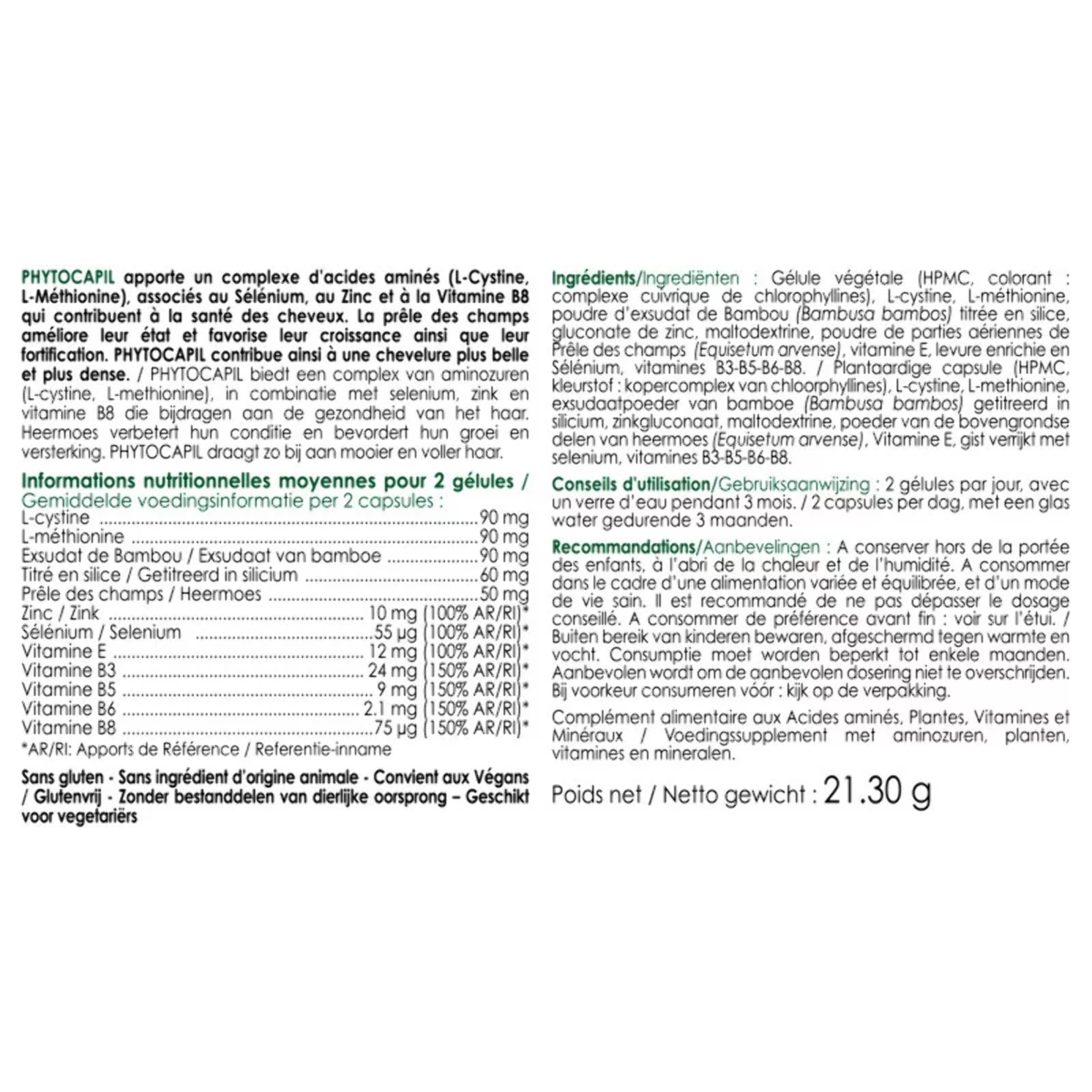 NUTRIEXPERT - Phytocapil - Complément Alimentaire à Base de Plantes, Vitamines, Minéraux et Acides Aminés - Croissance et Fortification des Cheveux - Convient aux Végans - 60 Gélules Végétales