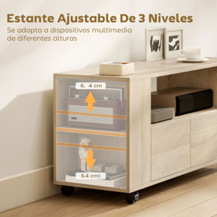 Mueble de TV con Ruedas, Mesa de TV Móvil, Mueble para Televisión hasta 42 Pulgadas, con 2 Cajones, Estantes Ajustables, para Salón, Comedor, Dormitorio, Madera Natural