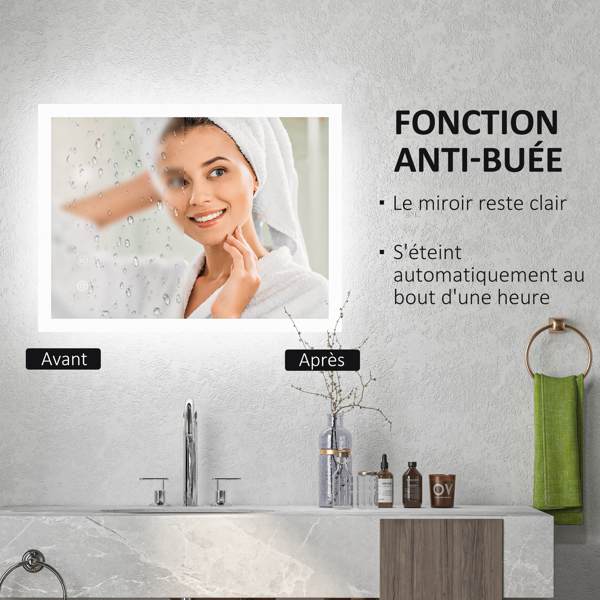 Miroir mural lumineux LED de salle de bain - 70L x 50l cm - avec 3 couleurs, luminosité réglable interrupteur tactile système antibuée transparent