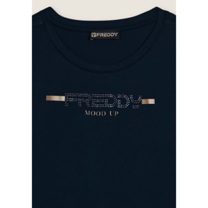 T-shirt da donna con strass e banda logata sulle spalle